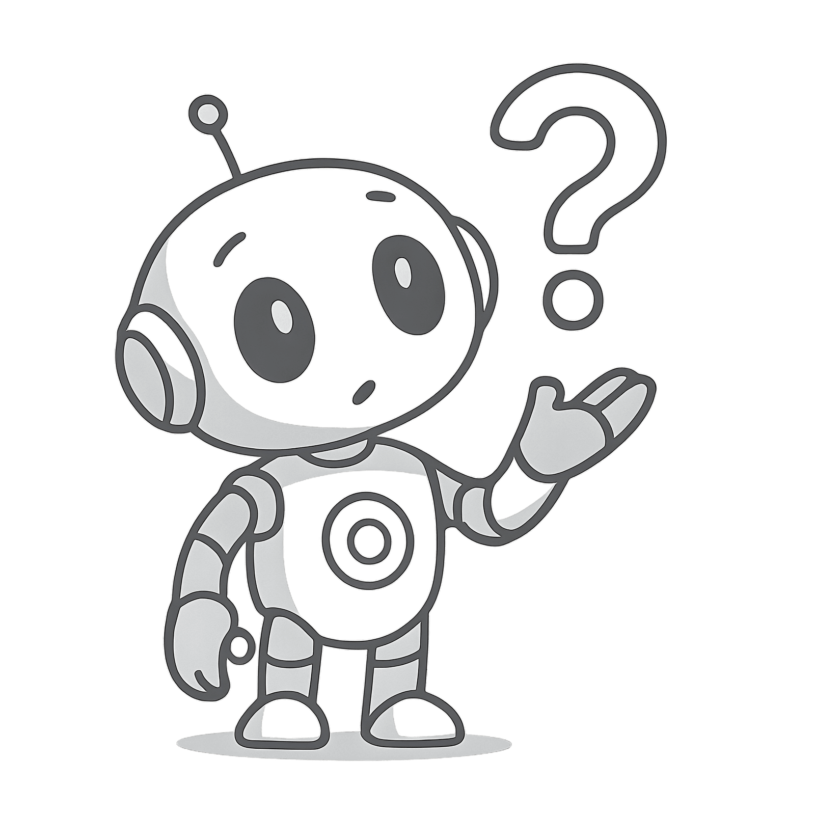 Cartoon AI robot with a large question mark beside it