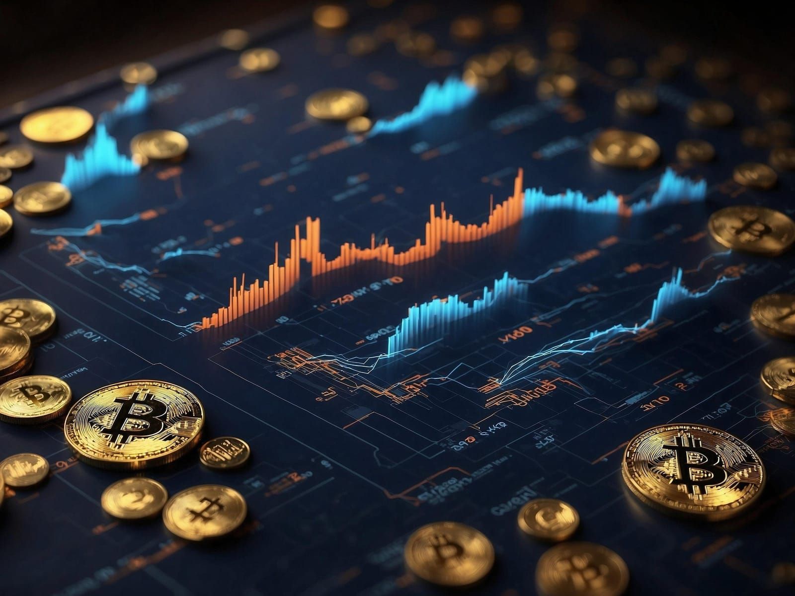 Bitcoin coins on a glowing market data chart with trend lines