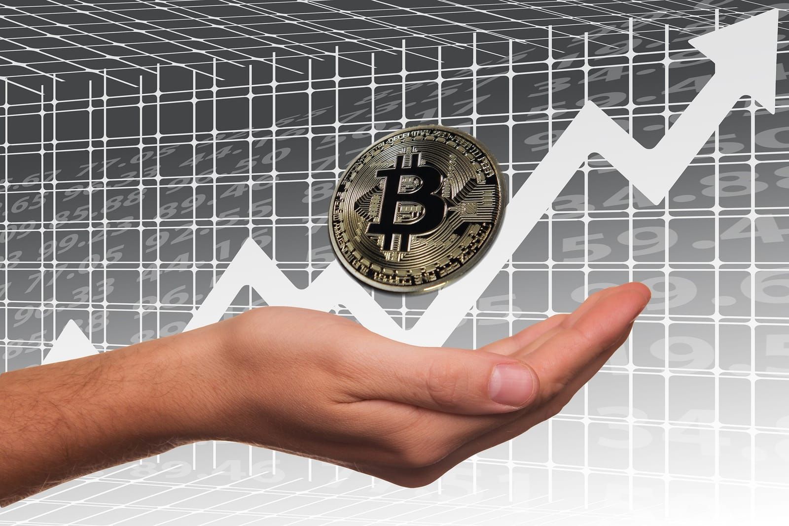 Open hand holding a bitcoin coin under a rising white arrow on a grid background