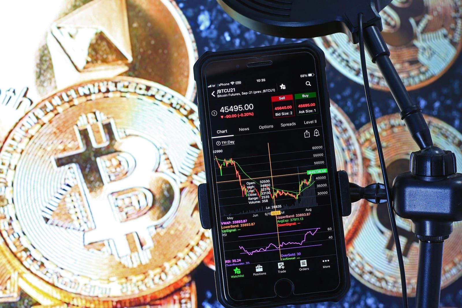 Smartphone on a tripod showing a bitcoin price chart in front of large gold bitcoin coins
