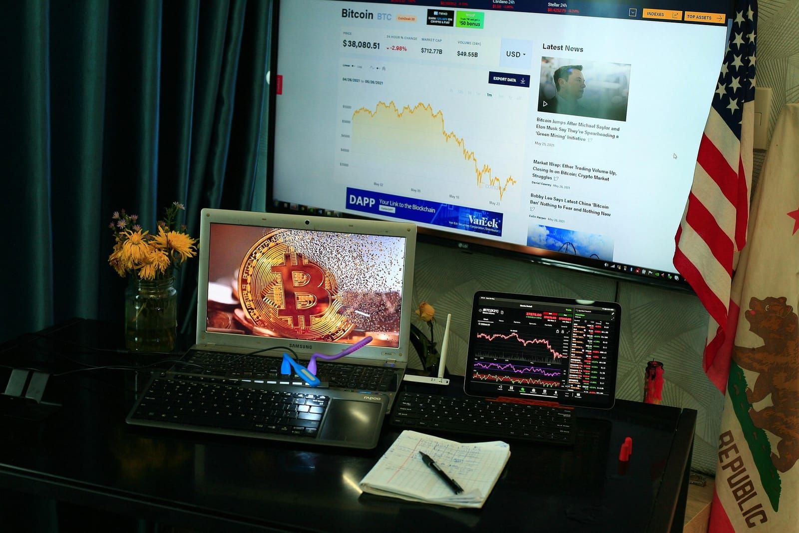 Home office desk at night with a large monitor showing bitcoin news and smaller screens with price charts
