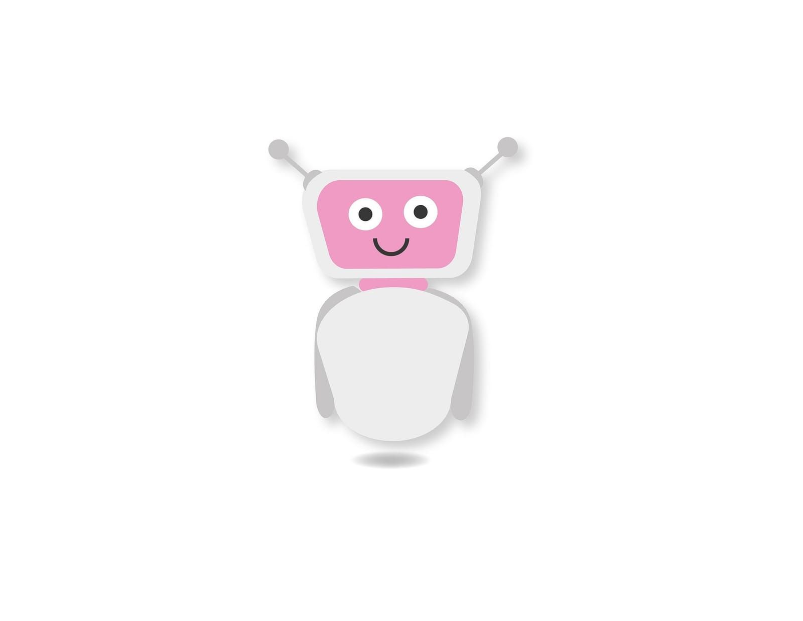 Small white cartoon robot with a pink screen face and antennae