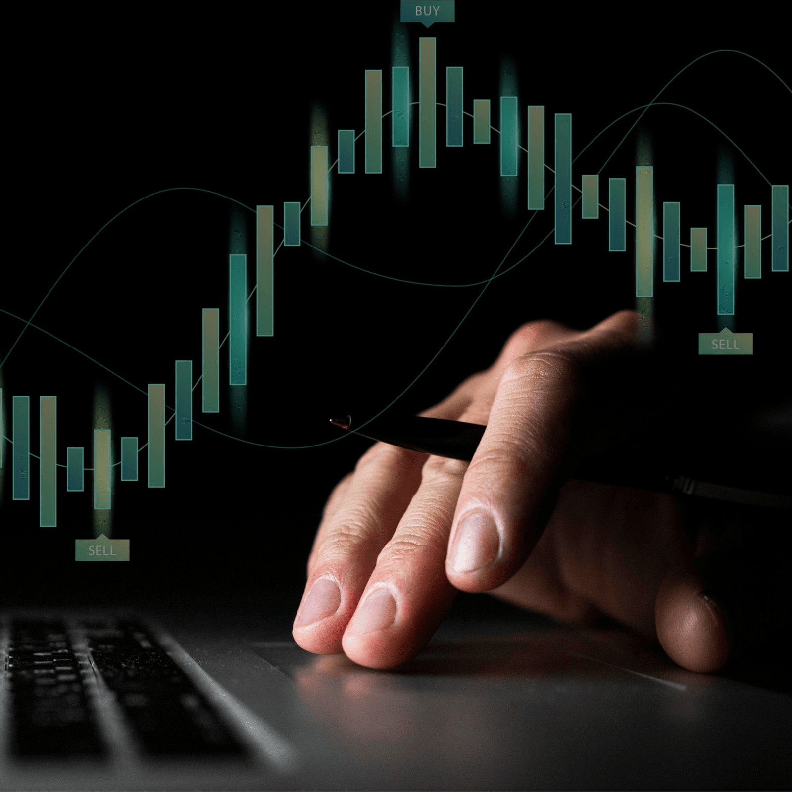 Hand next to a dark candlestick chart, illustrating trading risk