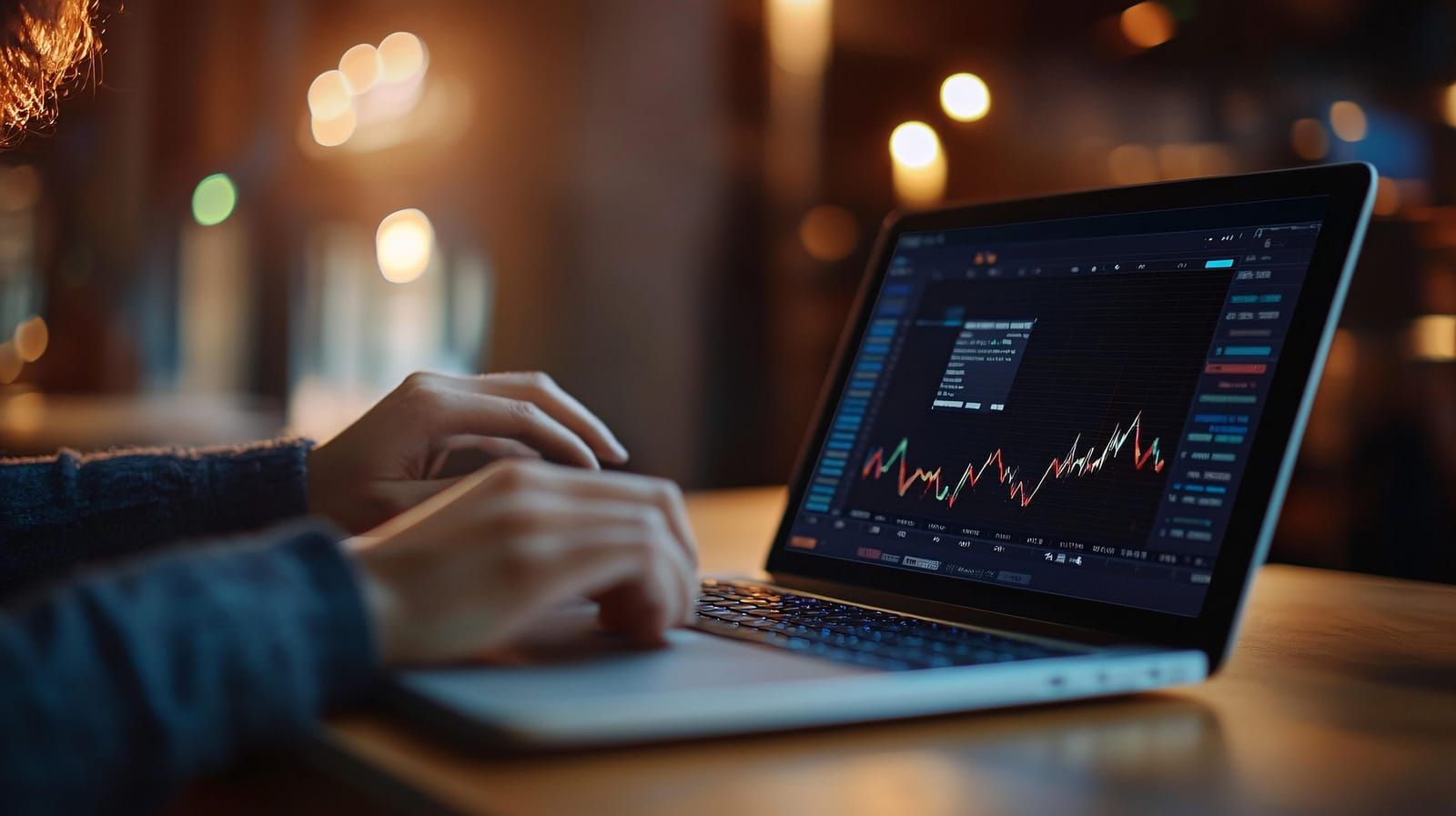 Laptop on a desk at night showing a cryptocurrency trading chart