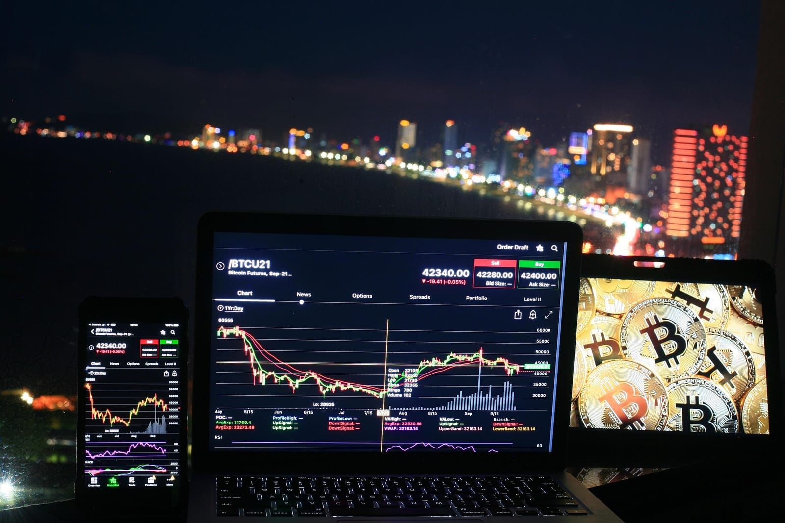 Several monitors showing trading charts at night with a city skyline behind them