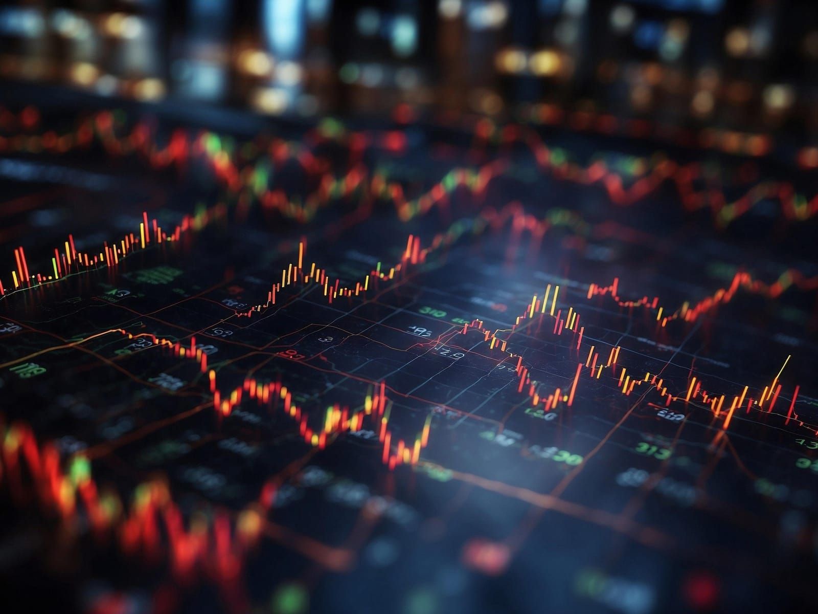 Close-up of red and green candlestick bars on a dark trading screen with a shallow depth of field
