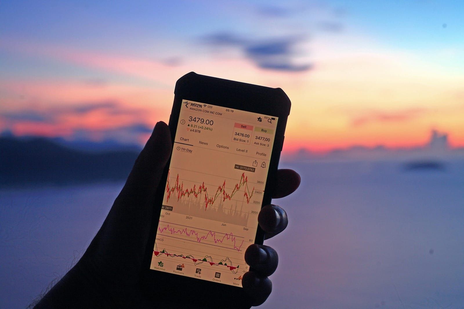 Hand holding a smartphone showing a price chart against a sunset over the sea