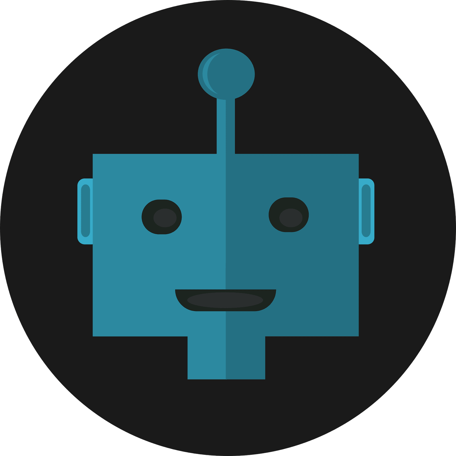 Simple blue robot face icon with round eyes and a smile on a dark circle