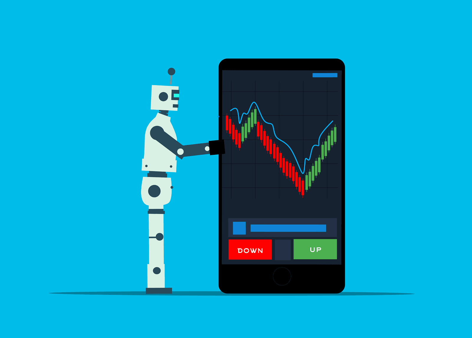 Illustration of a robot holding a smartphone with a rising trading chart