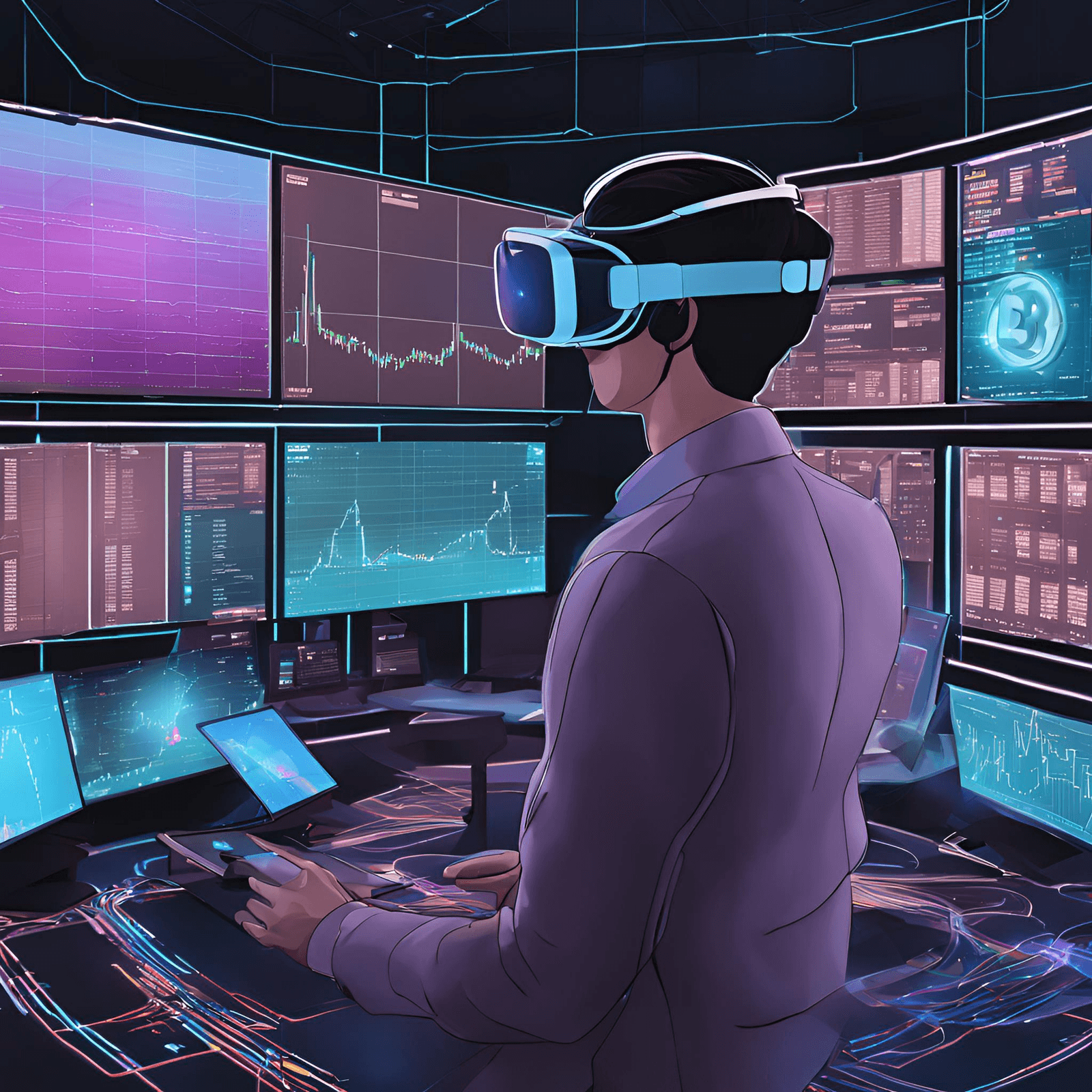Trader wearing a VR headset surrounded by floating AI trading dashboards