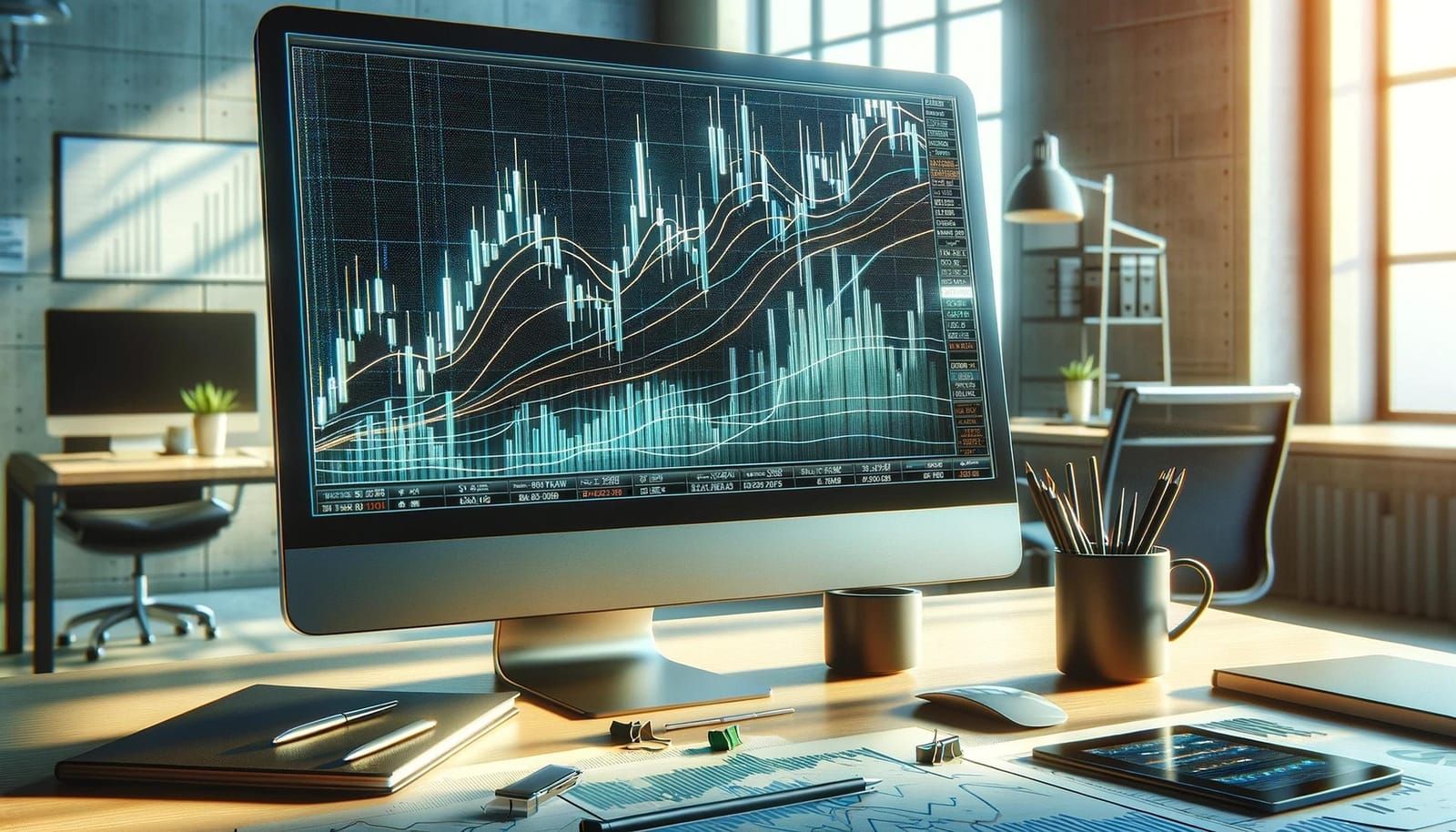 Desktop monitor on a sunlit desk showing a detailed candlestick and line trading chart